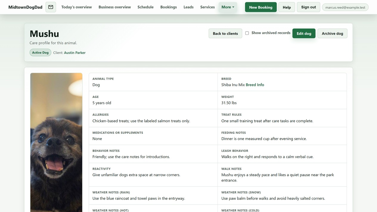Caregiver animal care profile with breed, allergies, treat rules, feeding, behavior, and weather notes