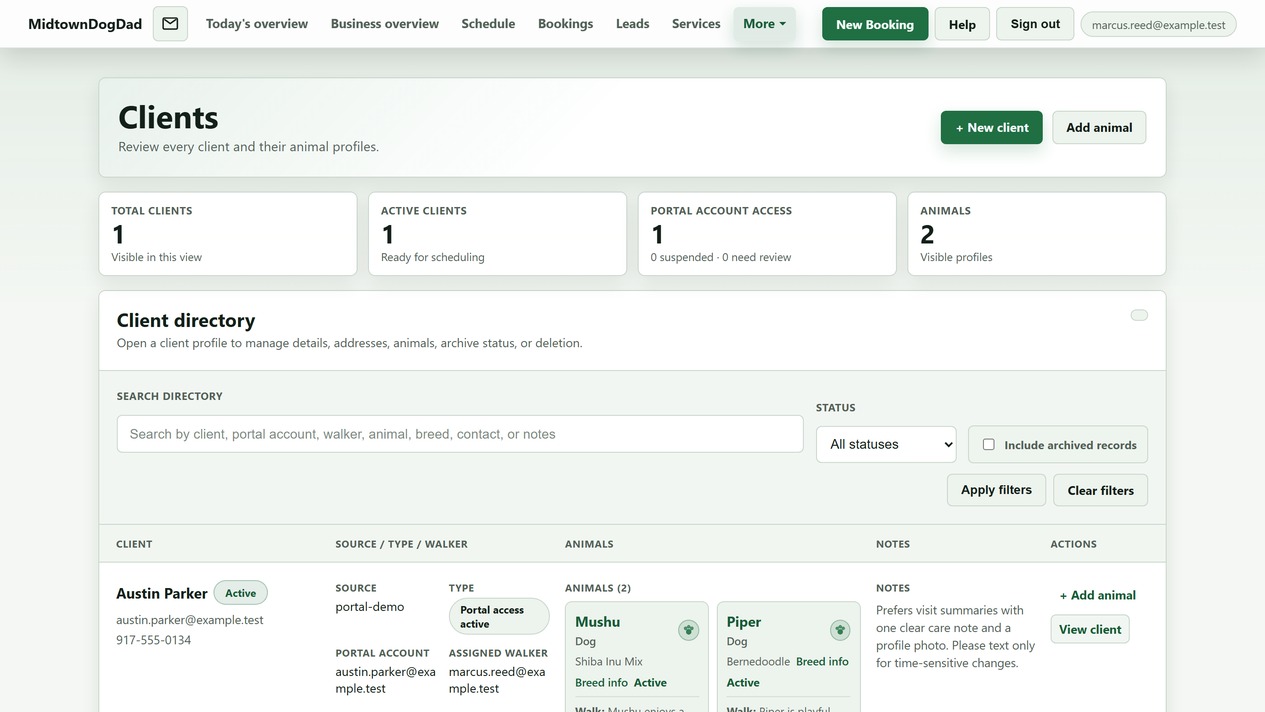 Caregiver client directory listing households with portal status, assigned walker, animals, and notes