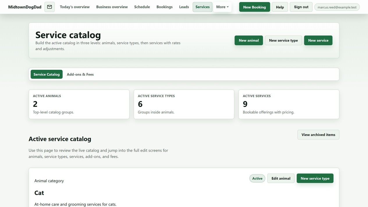 Caregiver service catalog showing animal categories, service types, and bookable services with rates